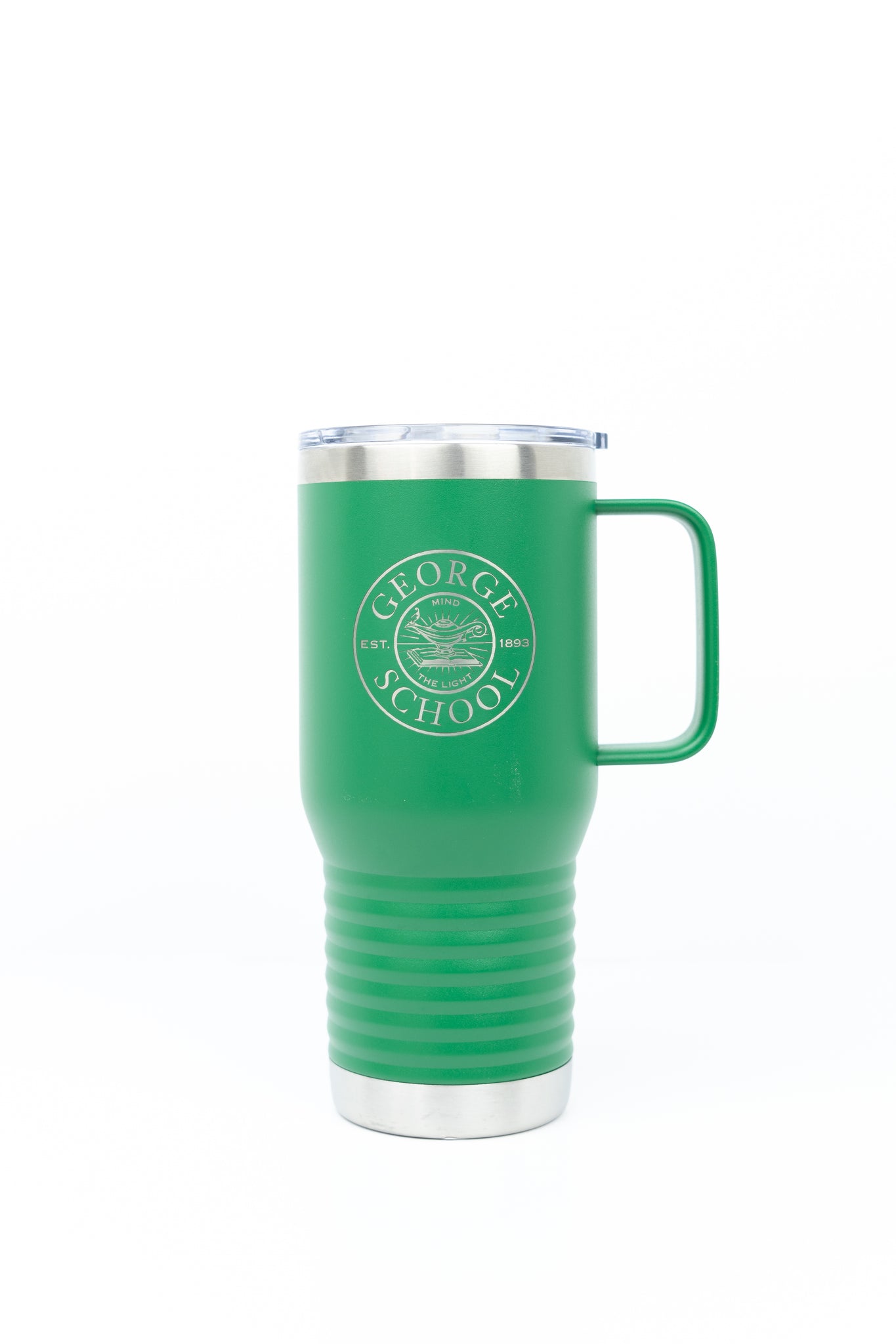 Green Travel Mug with "Mind the Light" seal. 20oz.