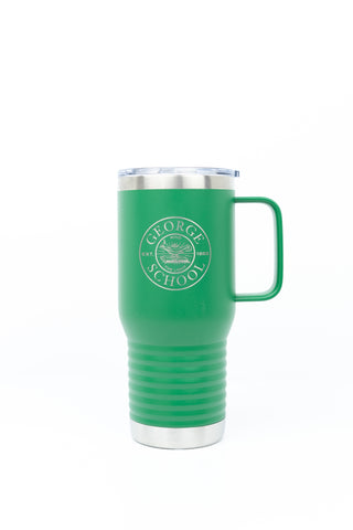 Green Travel Mug with "Mind the Light" seal. 20oz.